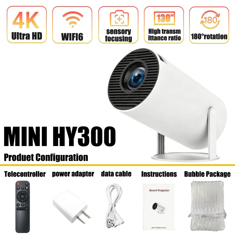 Home Theater Portable Projector 2025 MINI HY300 4K Ultra HD 300ANSI Android 11 BT54 with Electronic Focus and Built in Speaker
