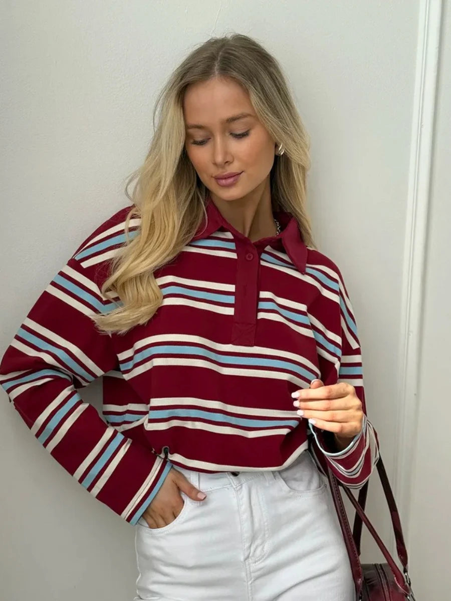 Women Striped Polo Collar Retro Color Collision Oversized Long Sleeve Loose