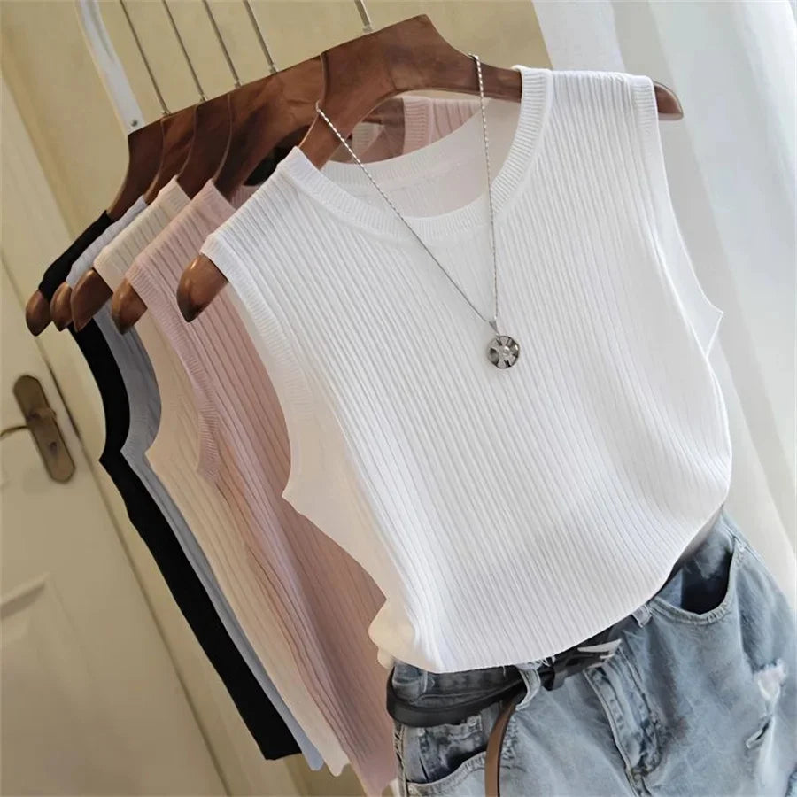 Summer Sleeveless Blouse Women O-neck Knitted
